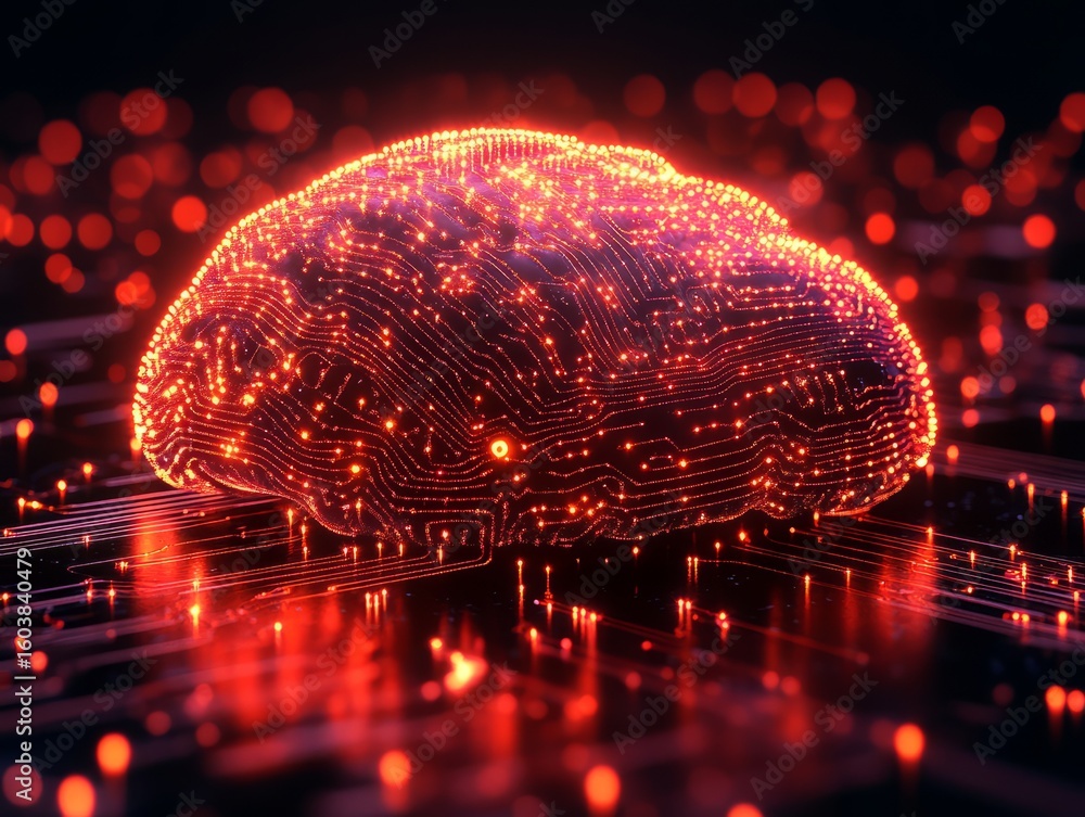 Poster digital brain illuminated: a stylized digital representation of a brain, its surface awash in a sea 