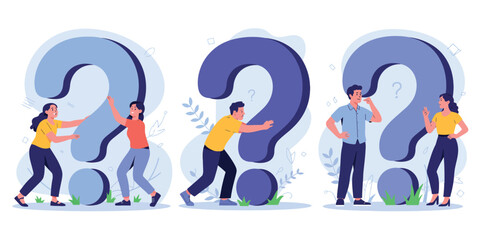 people interacting with giant question marks, teamwork and curiosity concept illustration symbolizing inquiry, problem solving and exploration