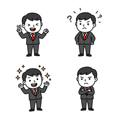 Four cartoon businessman in suit victory confused cheerful and angry poses on a white background