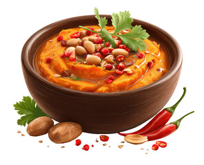 Spicy pumpkin pur?e in a bowl, garnished with beans and herbs