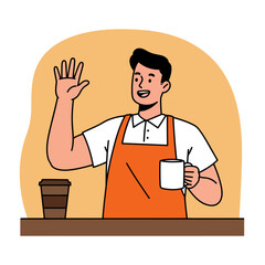 Smiling barista in apron waves with coffee behind counter