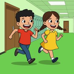Two cartoon kids gleefully run down a school hallway
