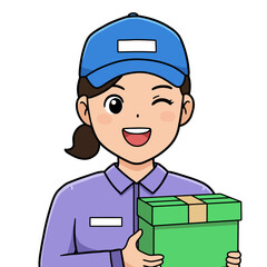 Winking cartoon delivery woman in cap holds a green package