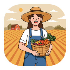 Woman farmer with straw hat  overalls holds basket of vegetables in field with barn  sun