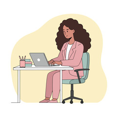 Woman at desk with laptop pink blazer writing Desk chair books  pencil holder