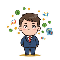 Cartoon businessman surrounded by money charts and calculator icons on a white background