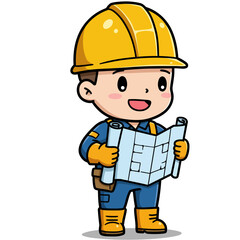 Cartoon construction worker with hardhat holding blueprints blue uniform yellow boots  gloves standing smiling