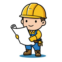 Cartoon construction worker in yellow hard hat and gloves holding a blank blueprint