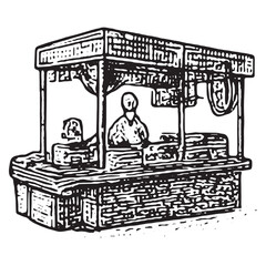 Vintage Black and White Street Food Stall Illustration