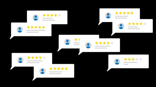 Animated user review chat bubble with multiple stars. Ideal for feedback, testimonials, review interfaces, and online service content. Alpha Channel
