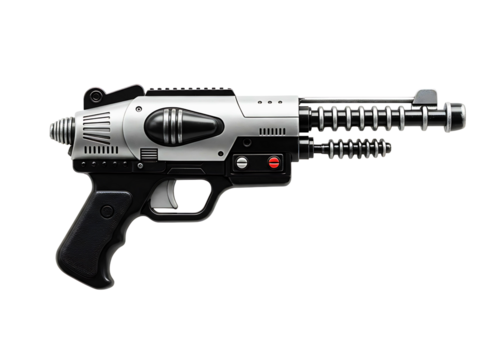 Futuristic silver and black toy ray gun isolated on transparent background