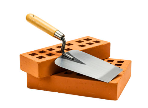 Construction trowel resting on stack of bricks isolated on transparent background