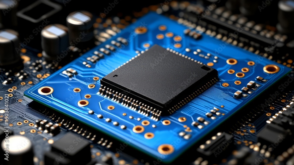 Poster circuit board closeup: a detailed view showcasing a circuit board with intricate electronic componen