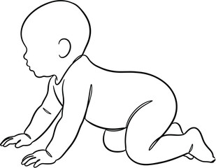 Cad drawing flat vector illustration of crawling baby silhouette, infant movement pose, early development stage, childhood growth concept art