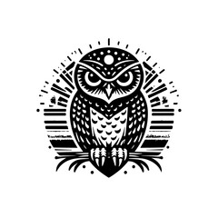 Detailed monochrome owl illustration perched on a branch with radiating lines