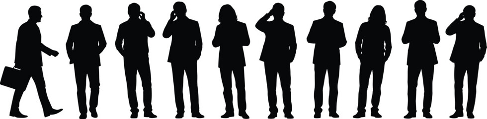 Business professionals talking on mobile phones, CAD vector silhouettes in suits, communication posture set, office routine sketch, walking briefcase icon