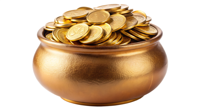 set of golden coins in gold pot isolated on white background PNG, AI GENERATED