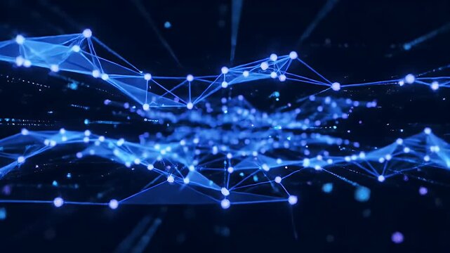 Seamless loop animation flying through a futuristic blue digital plexus network representing data flow and global communication technology - Powered by Adobe