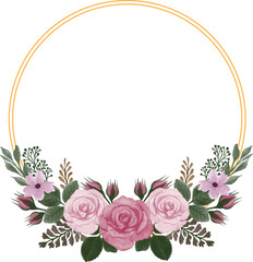 circle gold frame with pink roses bouquet