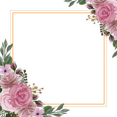 gold square frame with pink roses bouquet in corner