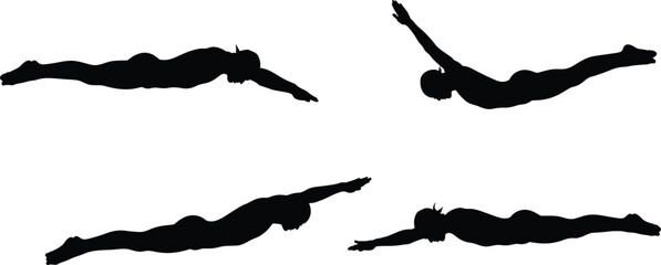 Butterfly stroke swimming silhouette, human motion sequence, aquatic sports technique CAD vector, flat sketch design, blue action graphic