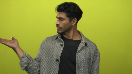 Young hispanic man in patterned jacket holds open palm and points finger in yellow studio;...