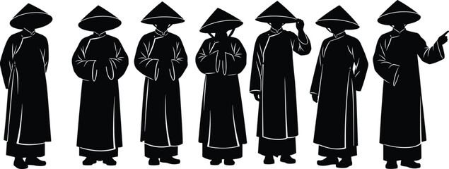 Cad drawing flat vector illustration of traditional conical hat silhouettes in cultural poses, ideal for heritage, ceremony, history, costume design