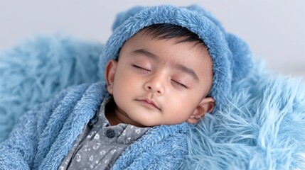 Close up of a peaceful infant baby sleeping comfortably in a soft blue fuzzy outfit