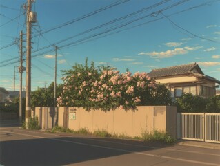 Pastel-toned suburban street scene, featuring a light beige wall adorned with pink blossoms, a traditional Japanese-style house, and utility poles.  Tranquil, sunny, and slightly idealized