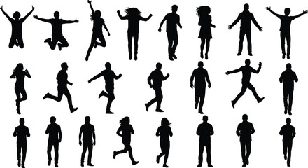 Cad drawing flat vector illustration of dynamic people silhouettes in action poses, ideal for motion studies, animation, movement design concepts