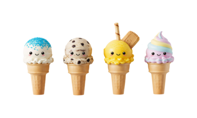 Four cute ice cream cones with happy faces and different flavors, element for design on transparent background.
