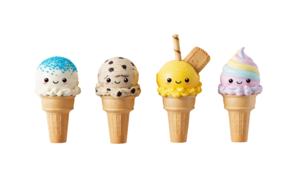 Four cute ice cream cones with happy faces and different flavors, element for design on transparent background.