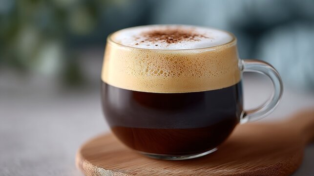 A glass mug of dark coffee with creamy foam and cinnamon topping sits on a wooden saucer