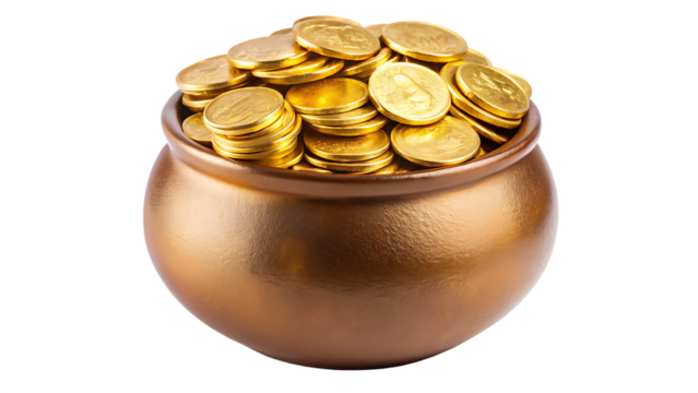 set of golden coins in gold pot isolated on white background PNG, AI GENERATED