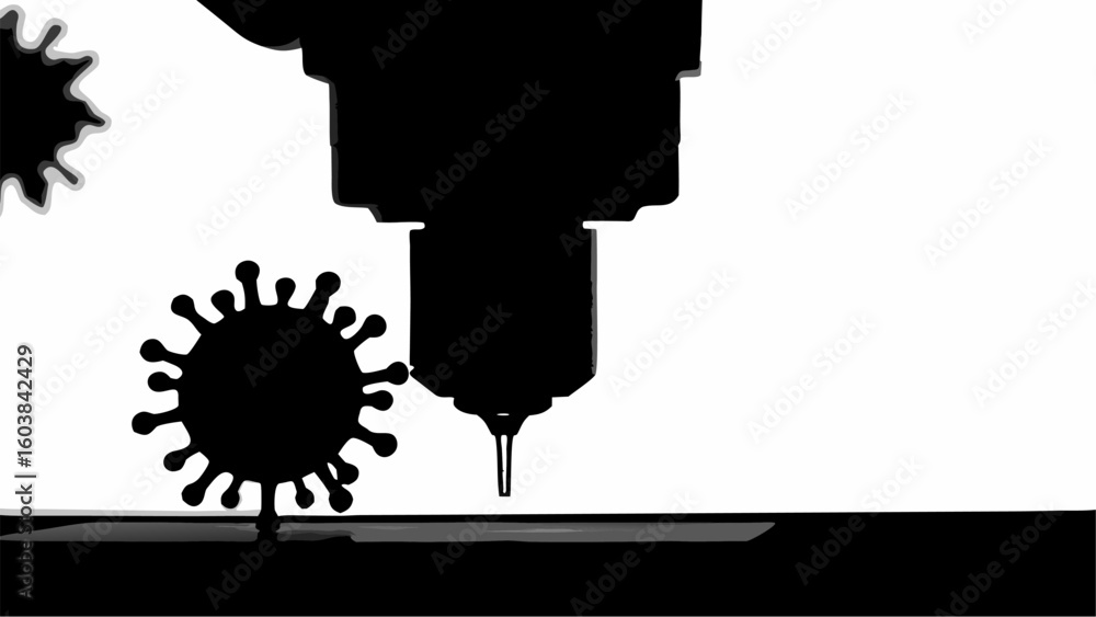 Aufkleber silhouette of a cnc machine cutting a virus shape with a gear shape on the left side view in black