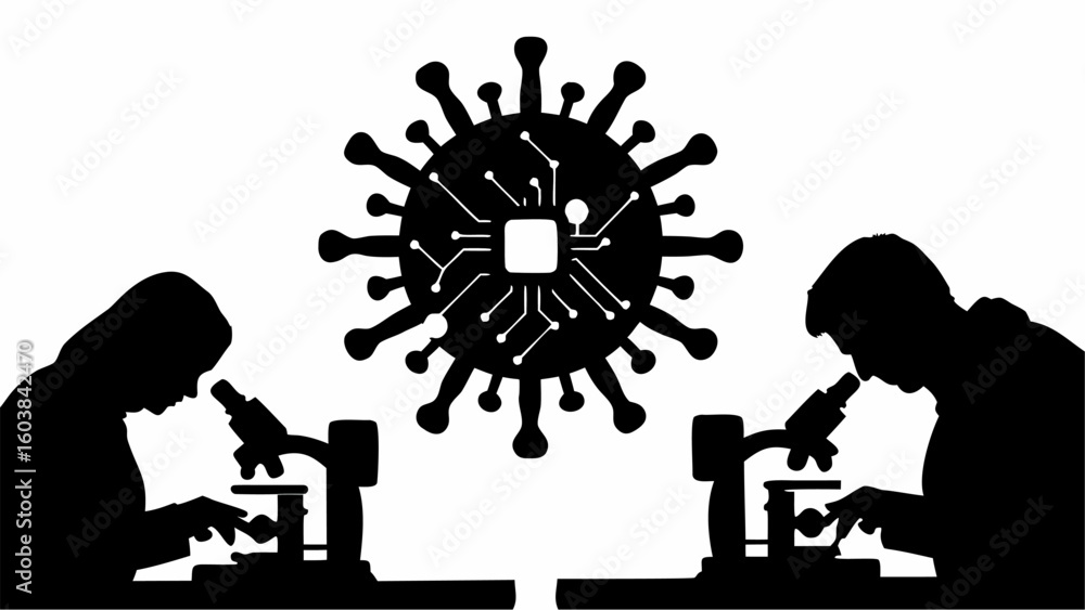 Poster silhouette of scientists using microscopes with a virus containing a circuit board in the background
