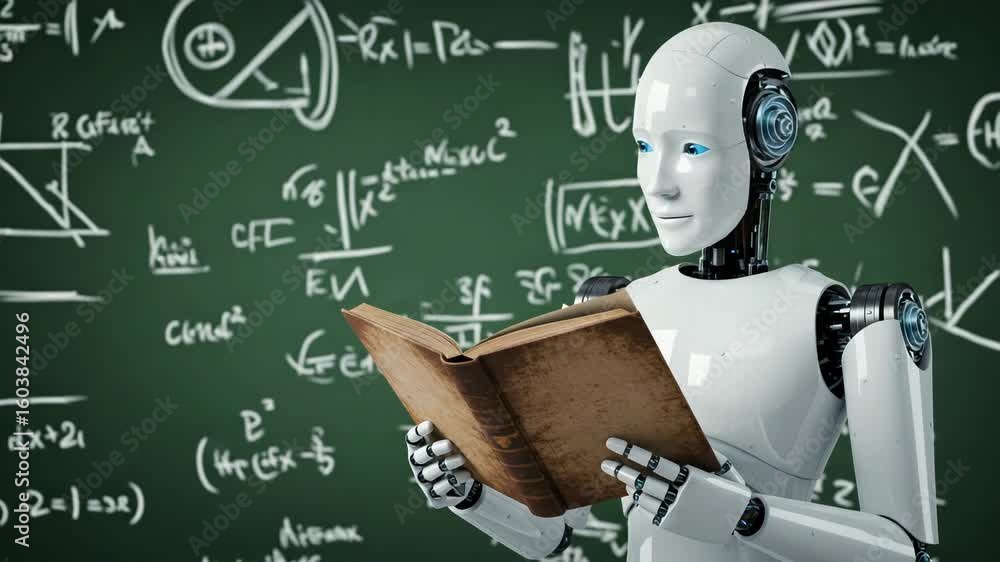 Poster a humanoid robot is engrossed in reading a book in front of a chalkboard filled with complex equatio