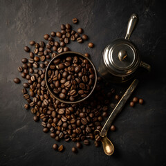 coffee grinder and coffee beans, AI generative 