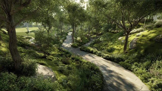 Lush green pathway winding through serene park landscape  