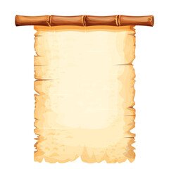 Bamboo frame with old parchment paper decorated with rope isolated on white background. Game ui board, sign