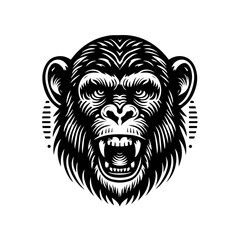 A black and white vector illustration of an angry monkey head
