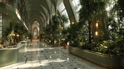 Naklejka premium Expansive greenhouse interior with arched windows lush plants and modern design elements