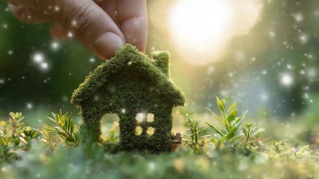 Nachhaltiges Mooshaus mit Keimpflanze auf einer Hand im Sonnenlicht. K&uuml;nstliche Intelligenz KI
