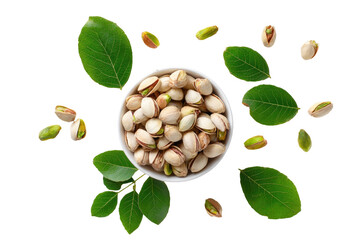 Pistachios in a white bowl, surrounded by pistachio shells and green leaves