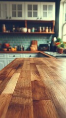 Obraz premium Close-up of a wooden kitchen countertop, with a blurred background of a modern kitchen