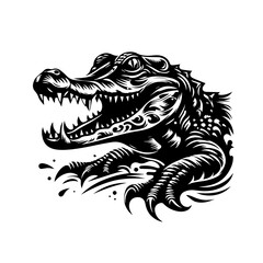 Fierce black and white illustration of an alligator with open mouth