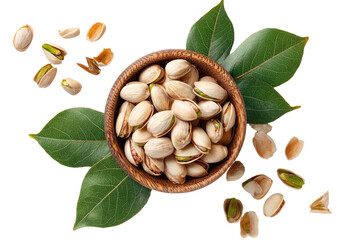 Pistachios in a wooden bowl, surrounded by leaves and scattered nuts