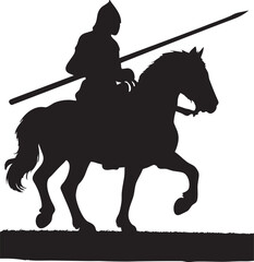Vector Silhouette of Medieval Knight on Horseback with Lance in Dynamic Pose on White Background