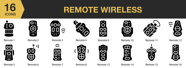 Remote Wireless solid icon set. Includes digital, mobile, network, computer, connection, and More. Solid icons vector collection.
