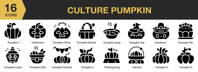 Culture Pumpkin solid icon set. Includes halloween, decoration, thanksgiving, traditional, and More. Solid icons vector collection.